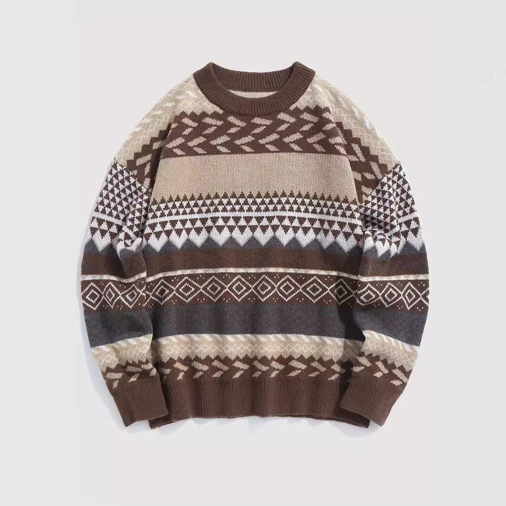 Cozy Long Sleeve Crew Neck Geometric Pattern Knit Pullover