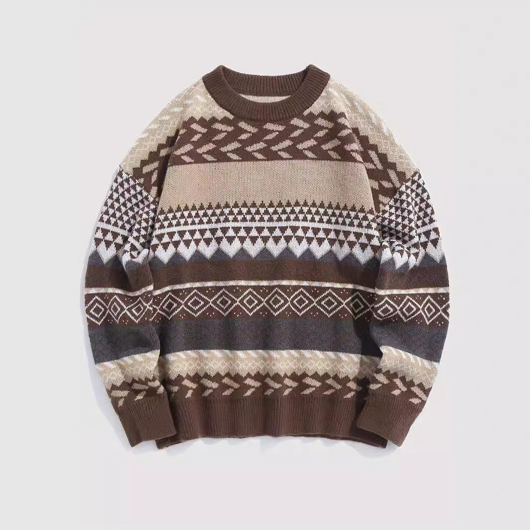 Cozy Long Sleeve Crew Neck Geometric Pattern Knit Pullover