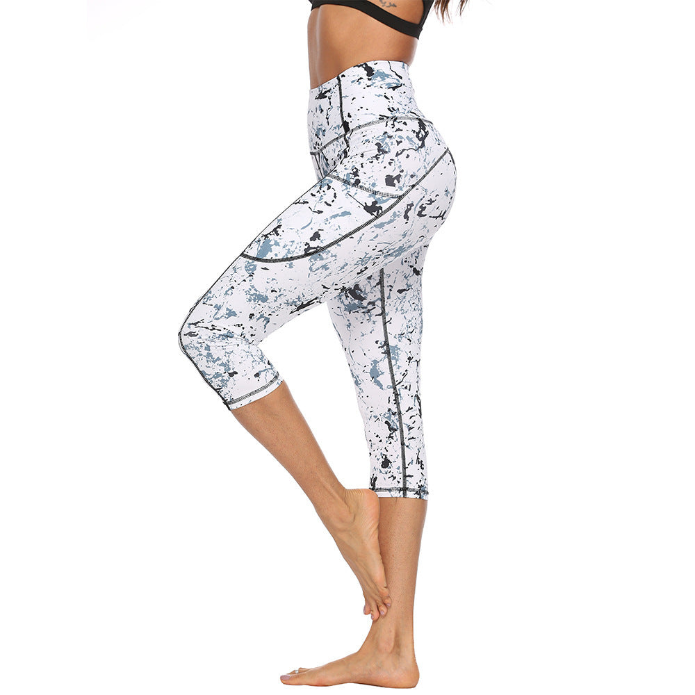 Trendy Marble Print High Waist Capri Yoga Leggings with Side Pocket