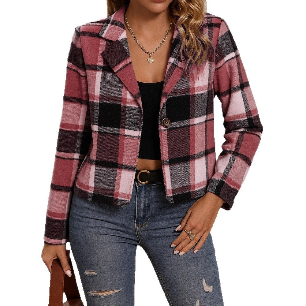 Classic Plaid Cropped Blazer Jacket for Everyday Chic Style