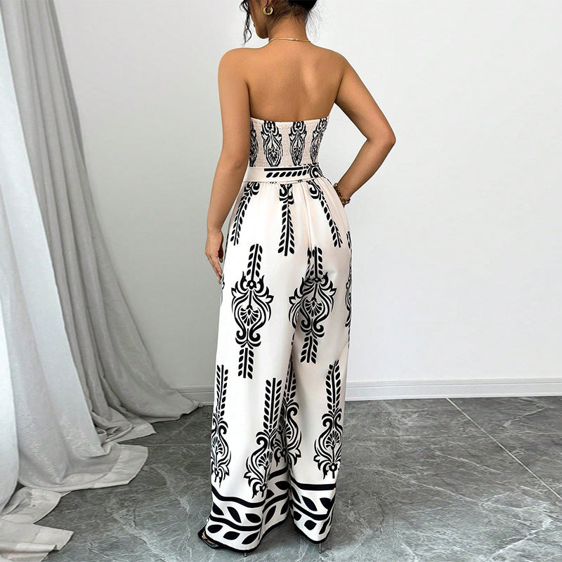 Elegant Women's Strapless Wide-Leg Jumpsuit with Bohemian Print