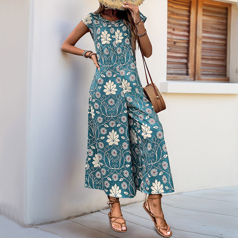 Bohemian Floral Print Wide Leg Jumpsuit