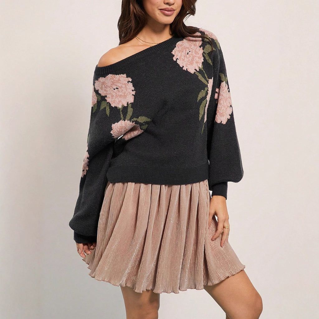 Loose Off Shoulder Floral Jacquard Pullover Sweater for Everyday Comfort