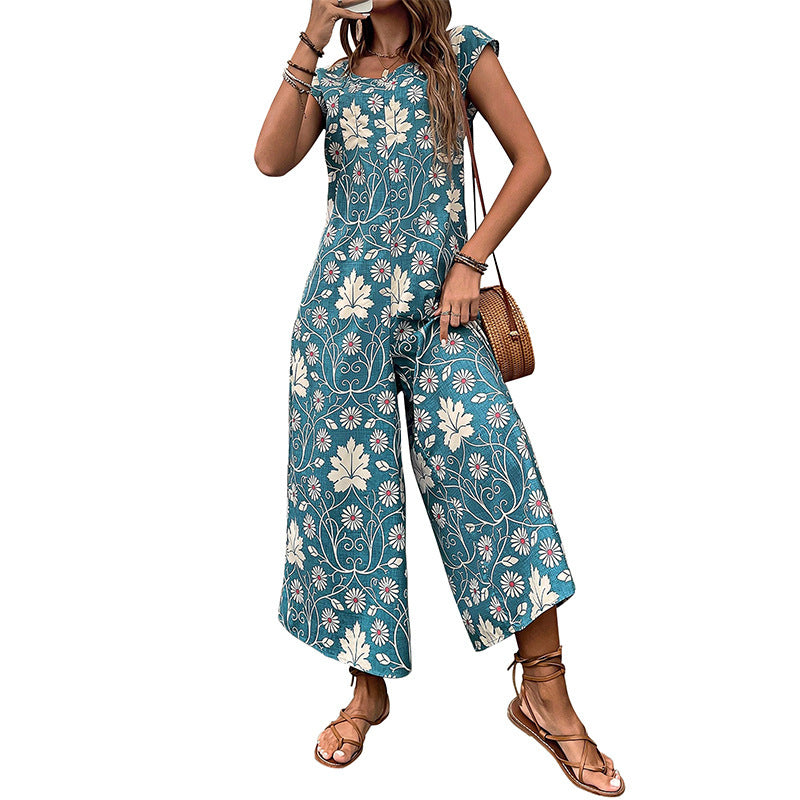 Bohemian Floral Print Wide Leg Jumpsuit
