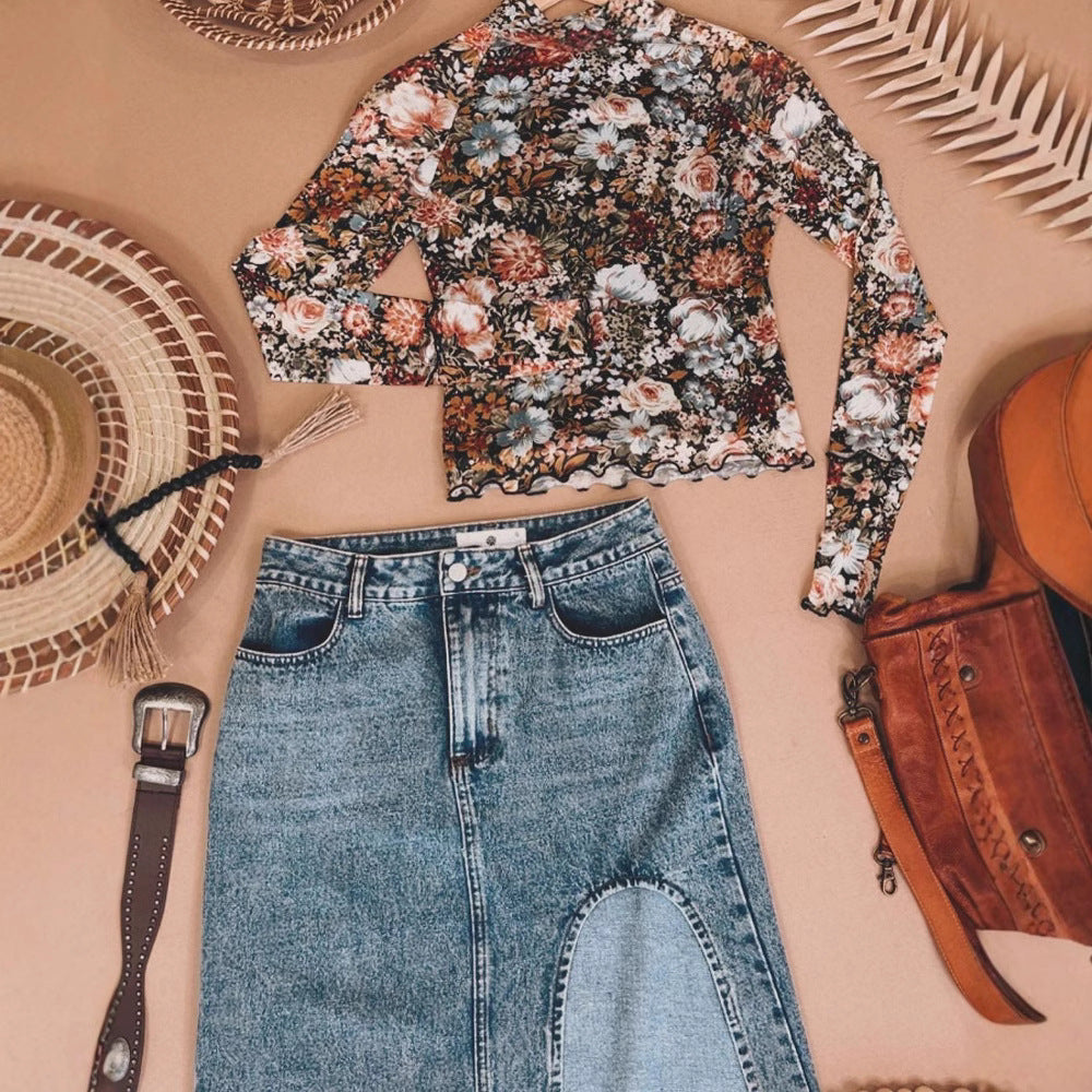 Elegant High Neck Floral Print Mesh Long Sleeve Pullover Top