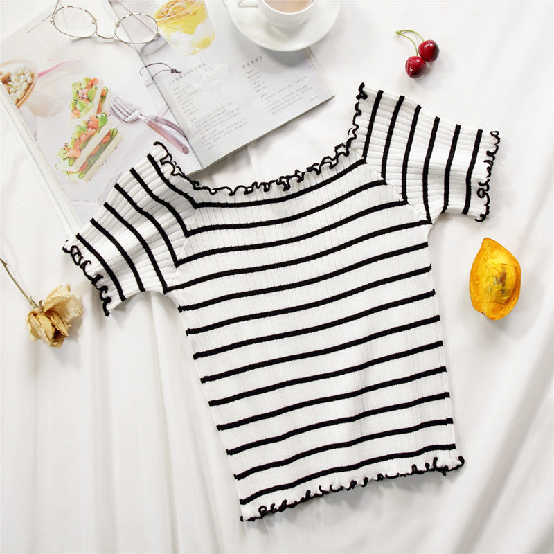 Chic Striped Off-Shoulder Ribbed Knit Crop Top for Women