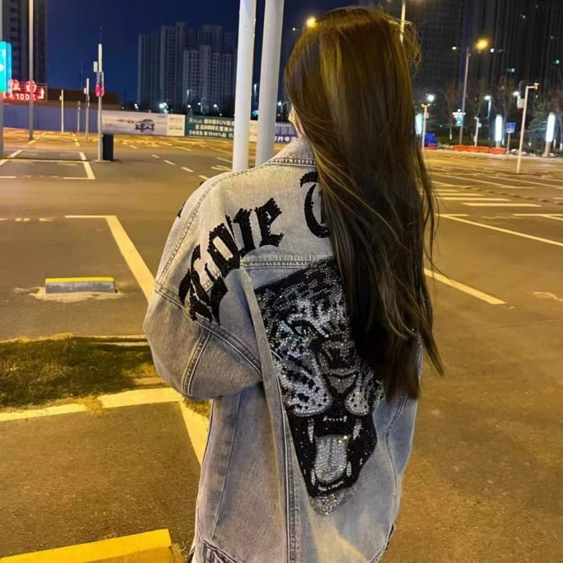 Street Style Oversized Denim Jacket with Rhinestone Lettering and Distressed Finish