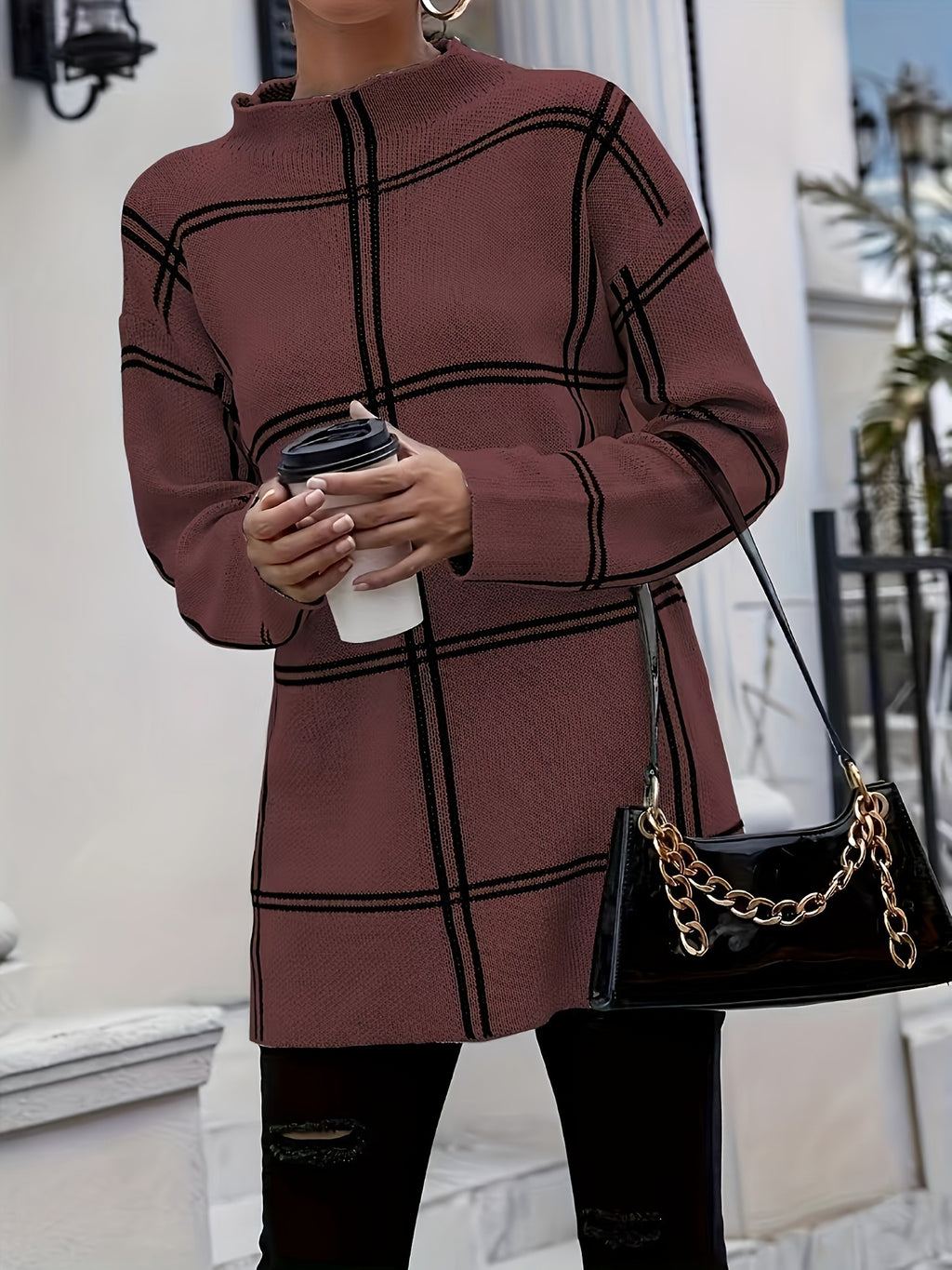 Elegant Grid Knit Mock Neck Long Sleeve Pullover Sweater Top