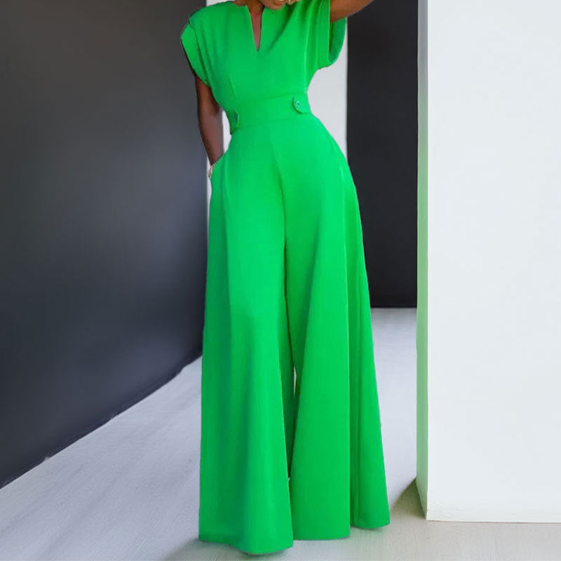 Elegant V-Neck Wide-Leg Belted Jumpsuit with Pockets