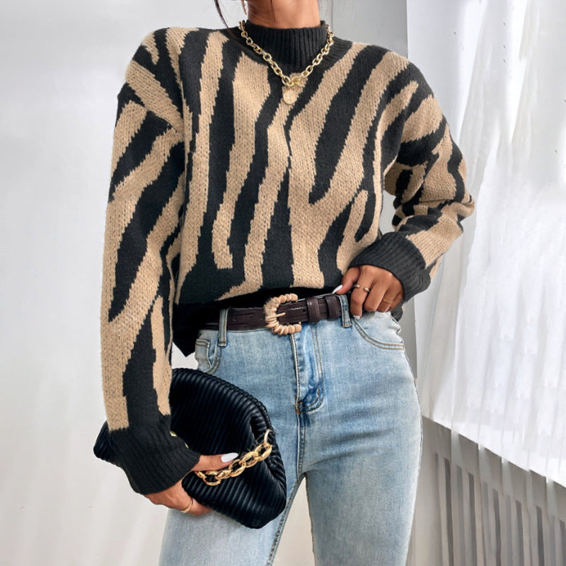 Stylish Jacquard Knit Animal Print Loose Fit Pullover Sweater