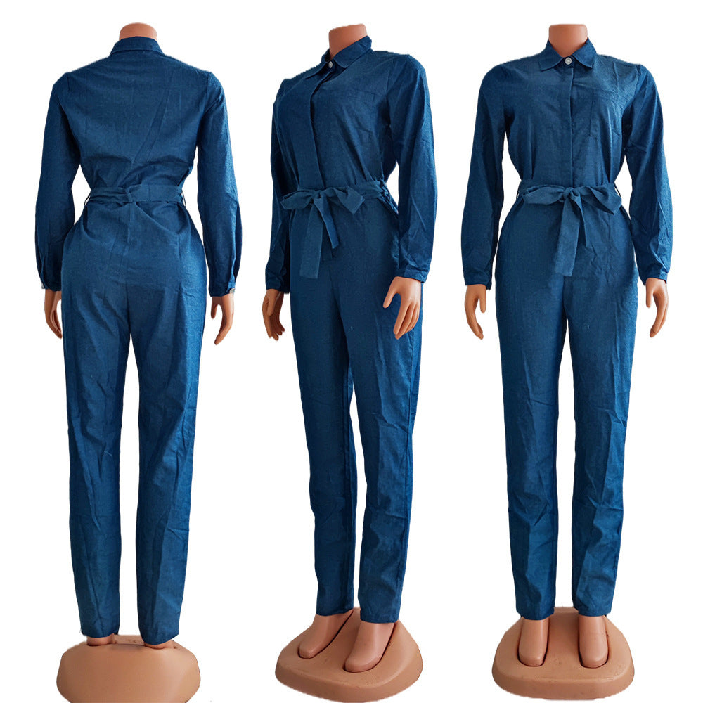 Chic Denim Jumpsuit with Belt - Casual Women's One-Piece Outfit