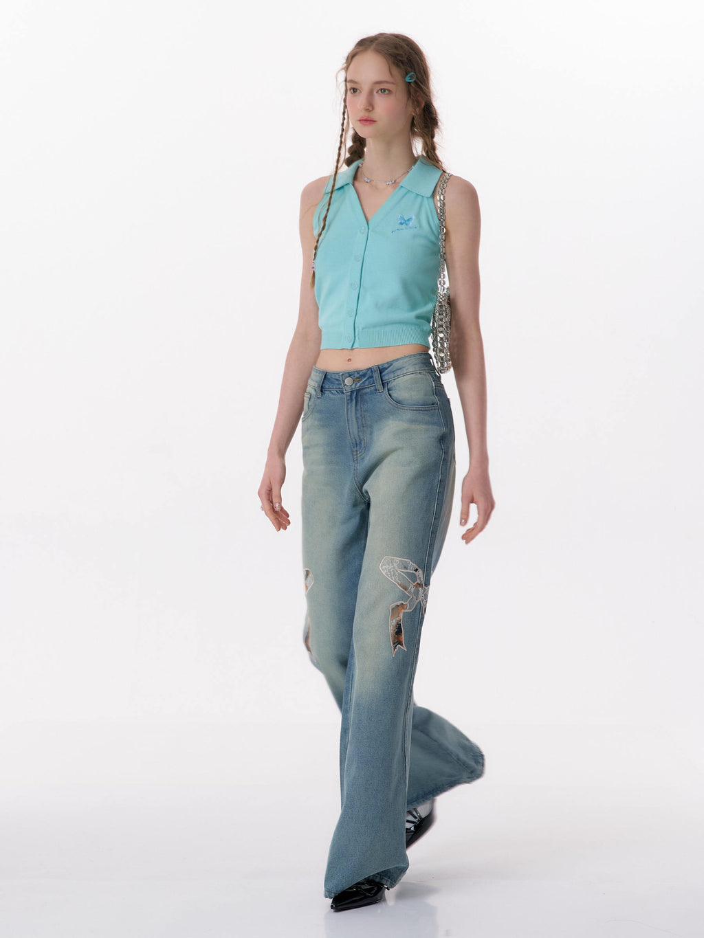 Y2K Bow Patch High Waist Wide Leg Jeans