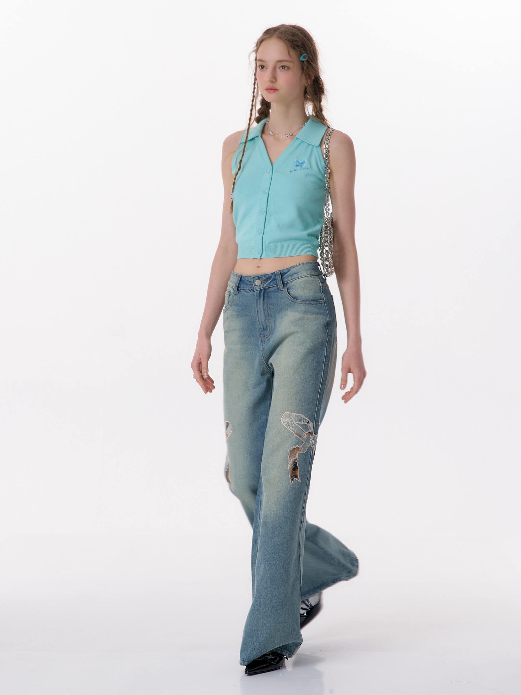 Y2K Bow Patch High Waist Wide Leg Jeans