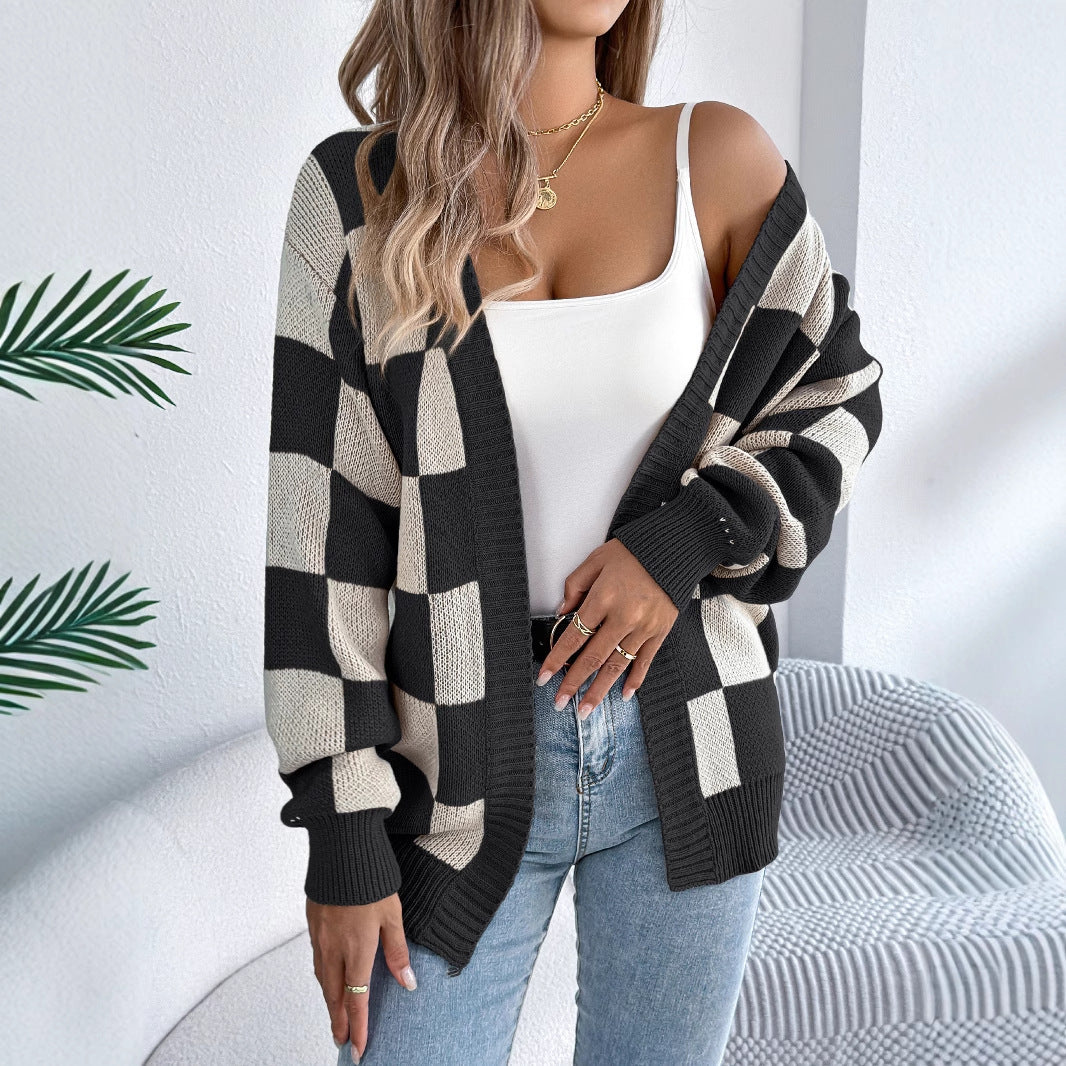 Cozy Plaid Checkered Long Sleeve Knit Cardigan Sweater