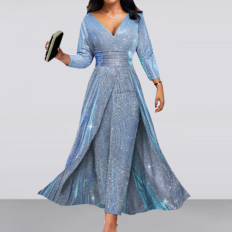 Elegant Sparkle V-Neck Long Sleeve Maxi Dress - Perfect for Evening & Party