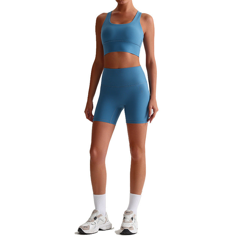 Comfortable Nylon Workout Set with Crop Top and High Waist Cycling Shorts for Women