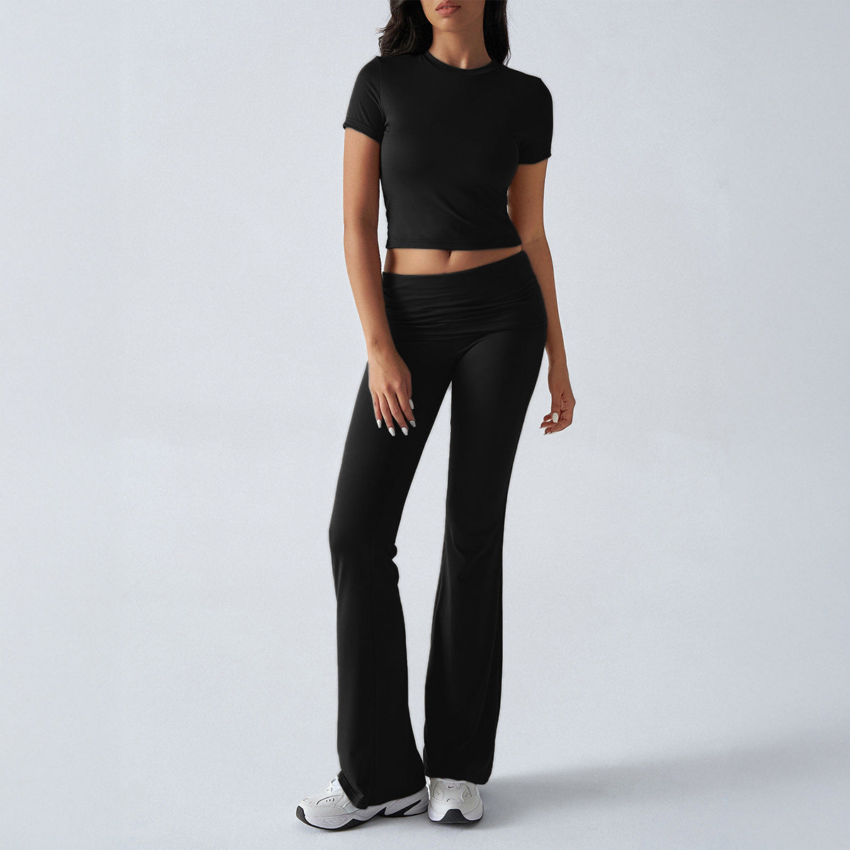 Comfortable Solid Color Short Sleeve Crop Top and Flared Leg Pants Co ord Set