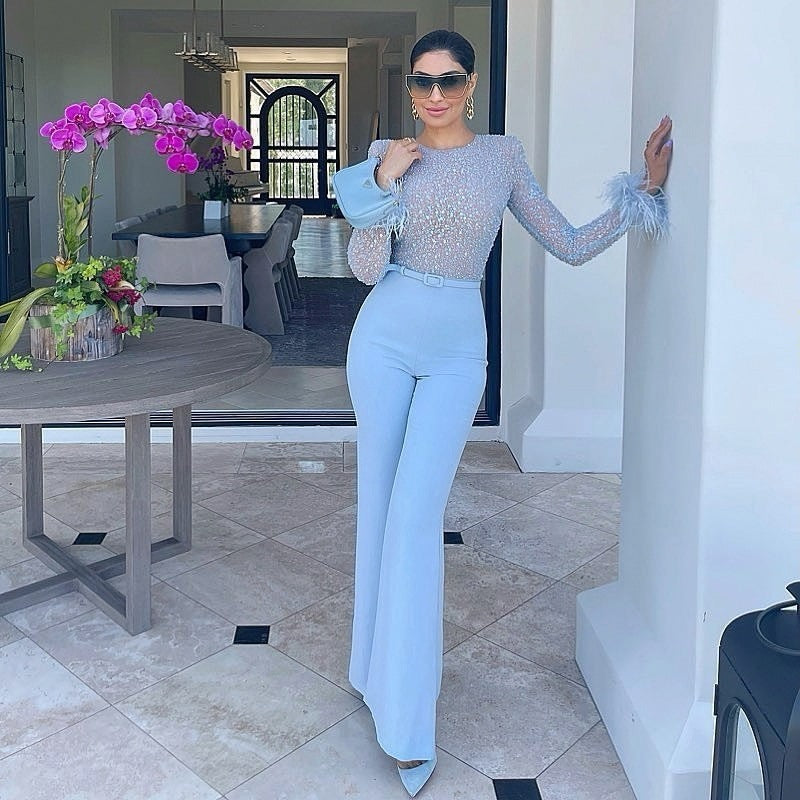 Elegant Sequin Feather Long Sleeve Jumpsuit for Parties