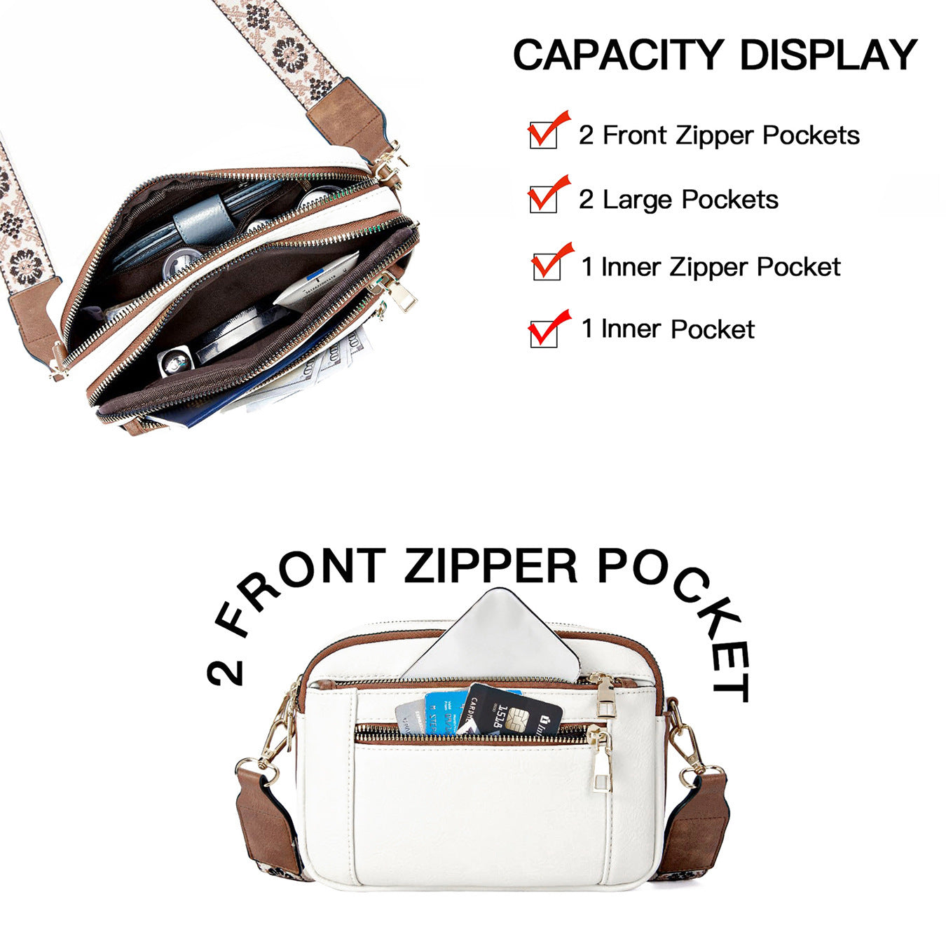 Chic Triple-Zipper Crossbody Bag with Floral Strap - Multi-functional