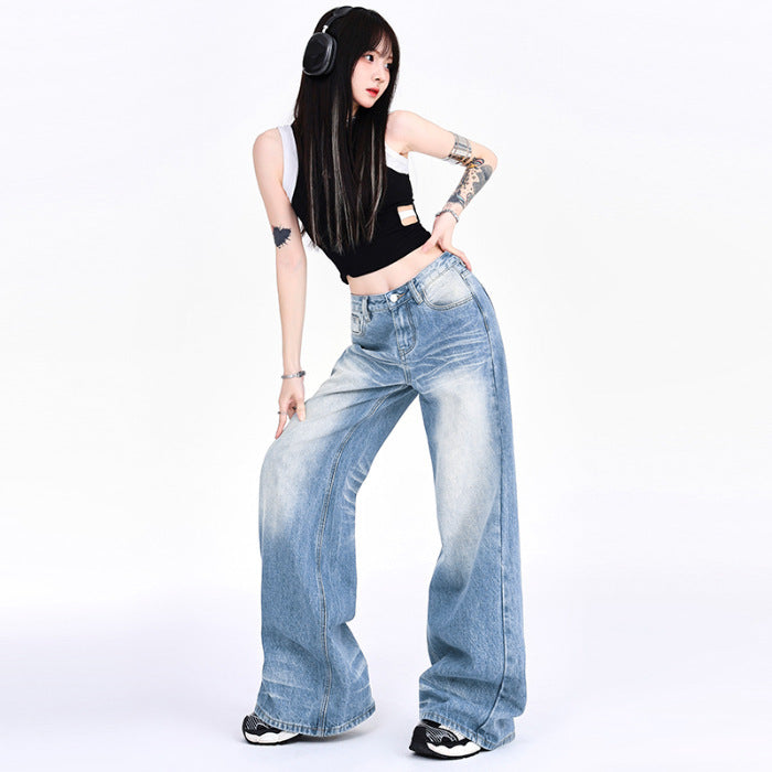 Washed-Out Denim Wide-Leg Jeans - Loose Fit Y2K Style
