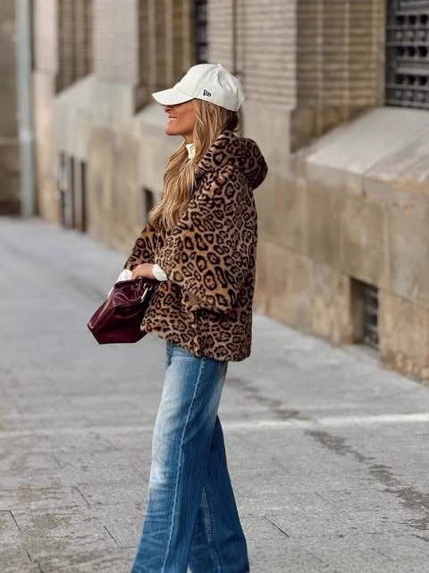 Stylish Leopard Print Faux Fur Hooded Jacket Comfortable Loose Fit Autumn Winter Warmth