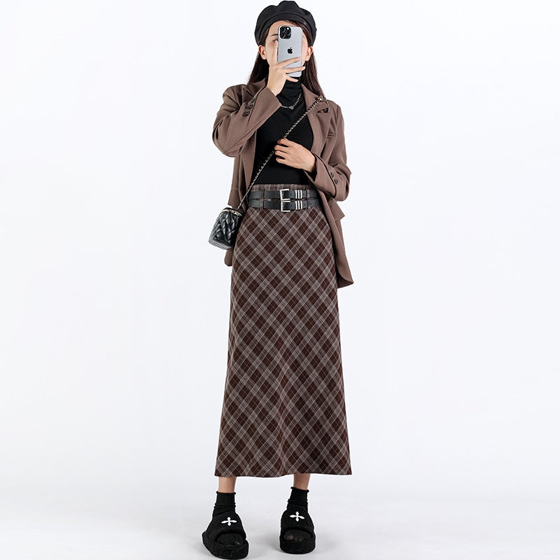 High Waist Plaid Split A Line Midi Skirt College Style