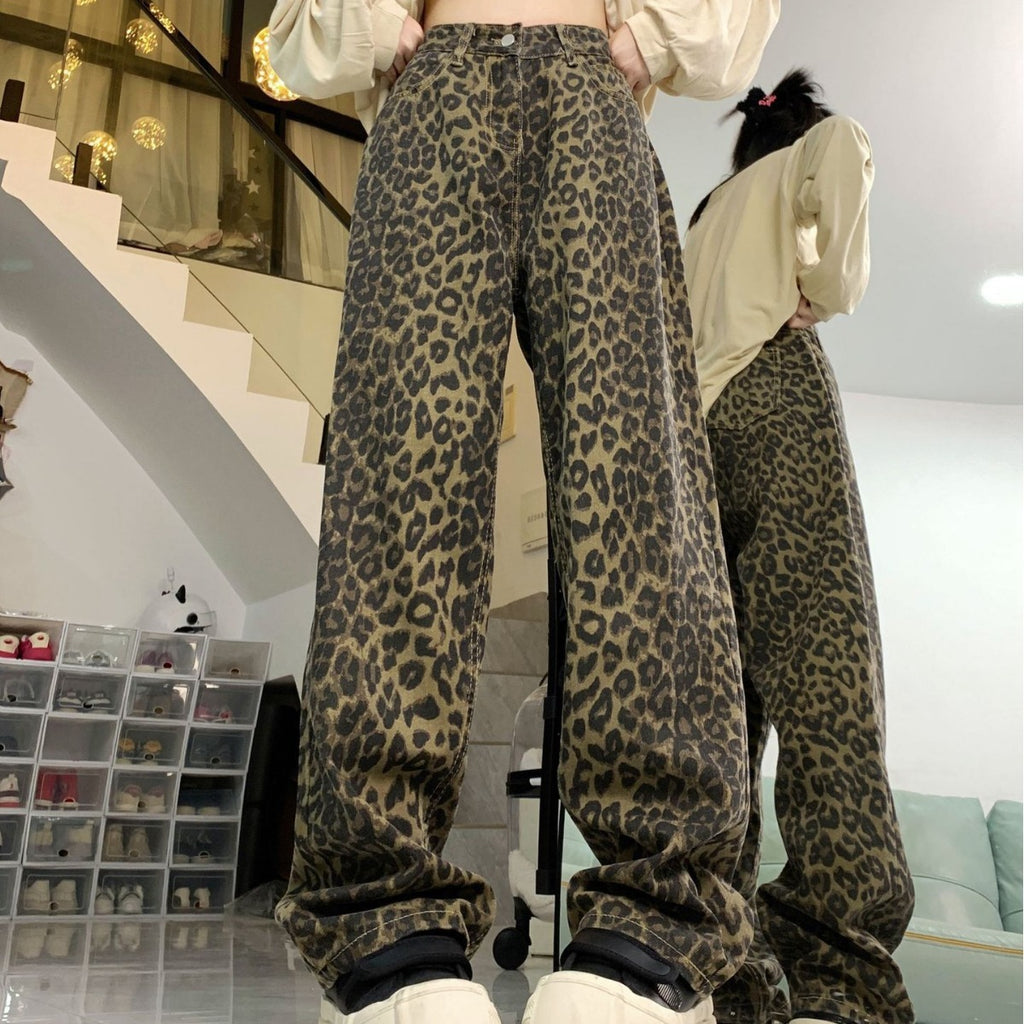 Trendy Leopard Print High-Waist Wide-Leg Denim Trousers