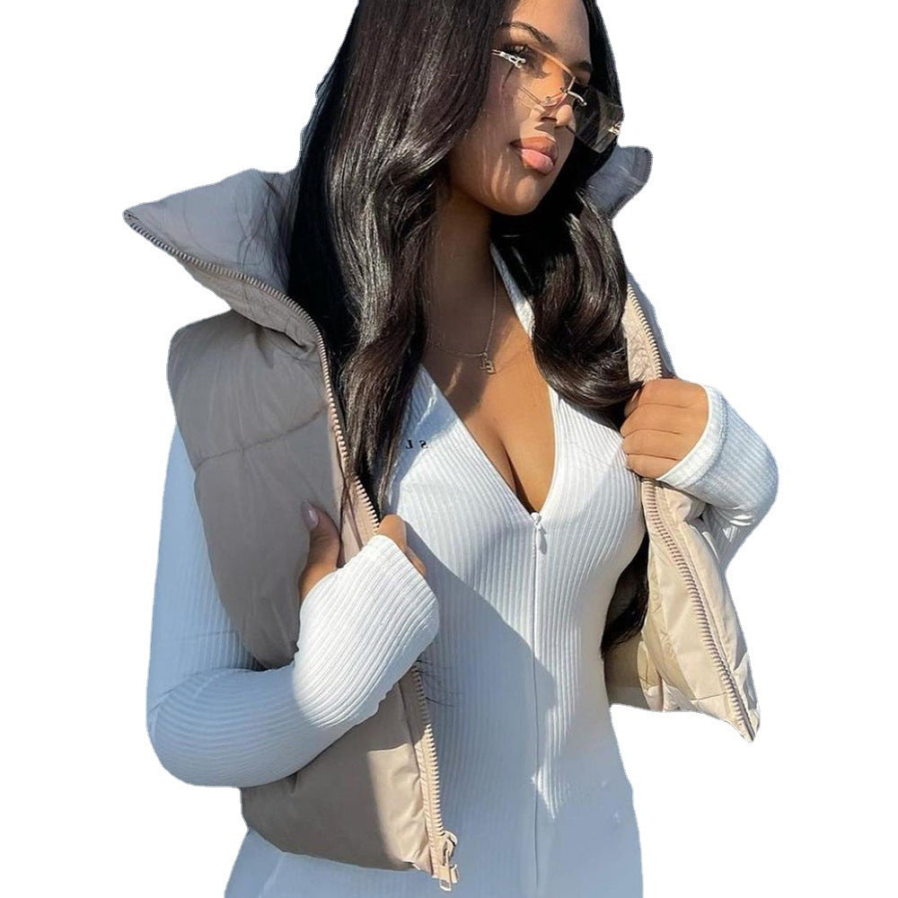 Chic Stand Up Collar Cropped Puffer Vest Warm Street Style Jacket