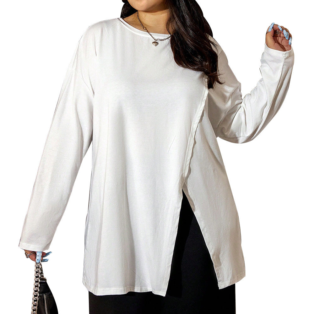 Loose Fitting Long Sleeved Irregular Hem Top with Stylish Side Slit Detail