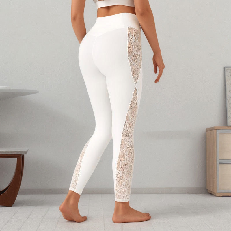 High Waist Athletic Leggings with Elegant Lace Panel Detail for Yoga and Fitness