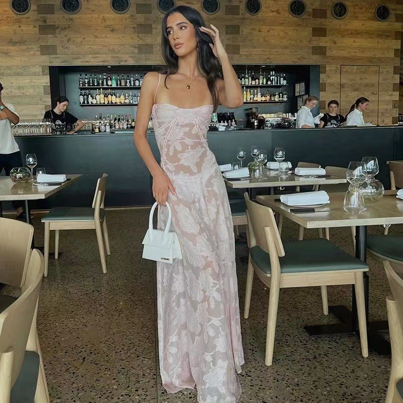 Elegant Floral Lace Maxi Dress with Suspender & Tie-Back Detail