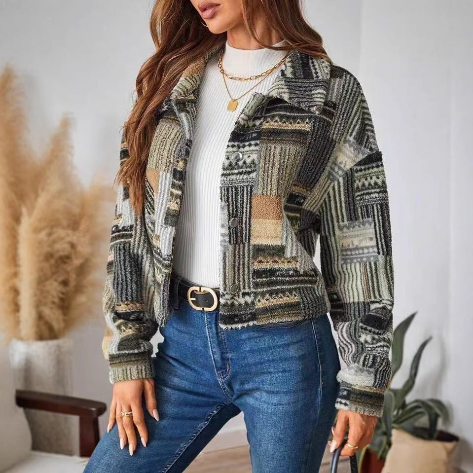 Boho Inspired Patchwork Print Plush Button Down Shacket