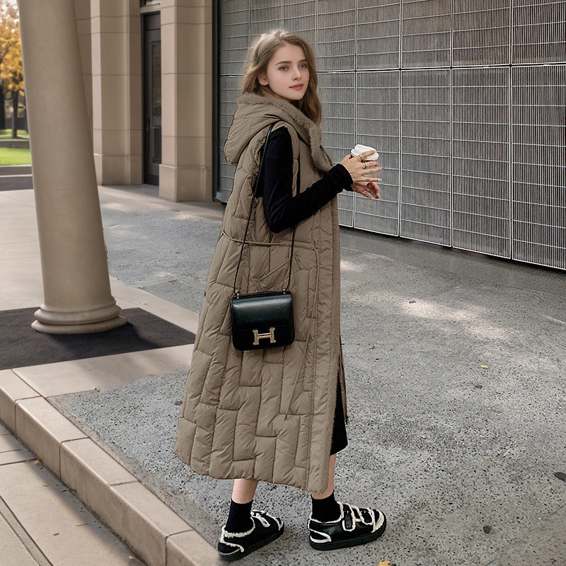 Elegant Overknee Hooded Padded Winter Vest Outerwear