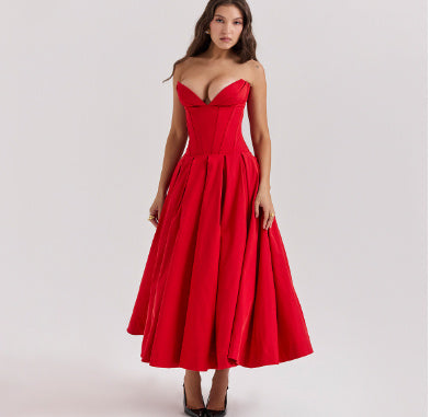 Elegant Strapless Corset Midi Dress - Evening & Party
