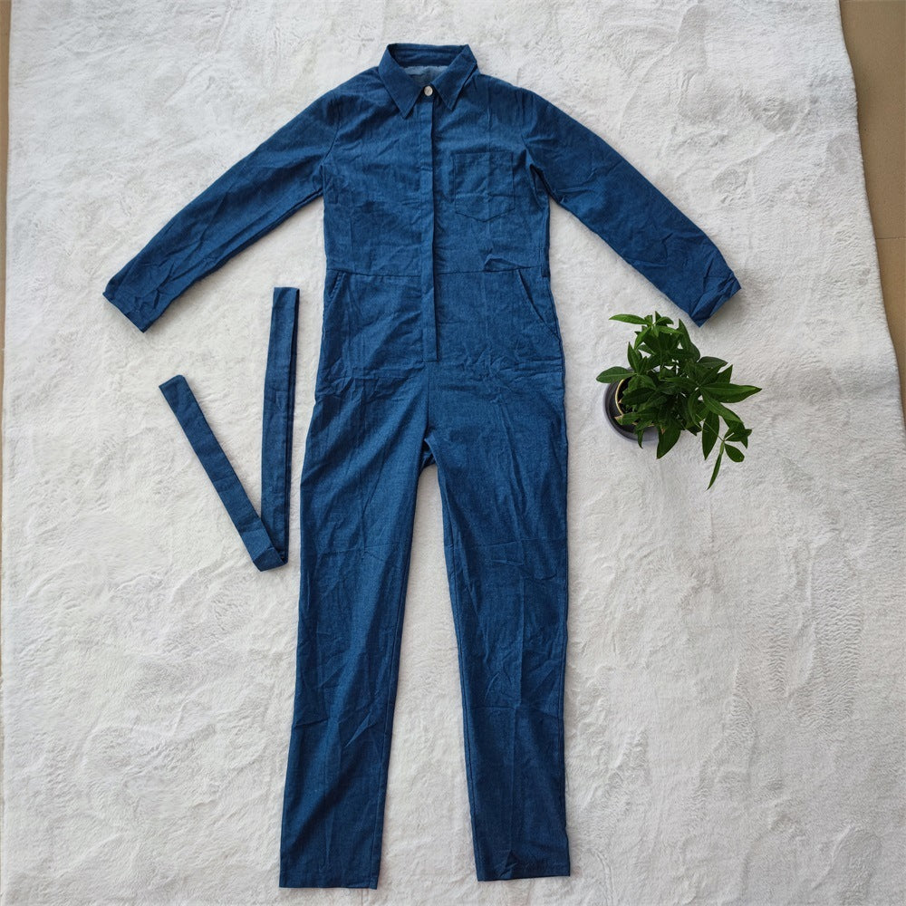 Chic Denim Jumpsuit with Belt - Casual Women's One-Piece Outfit