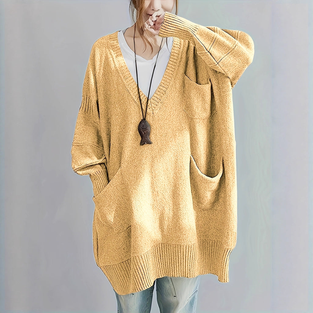 Comfortable Loose Fit V Neck Long Sleeve Pullover Sweater with Pockets