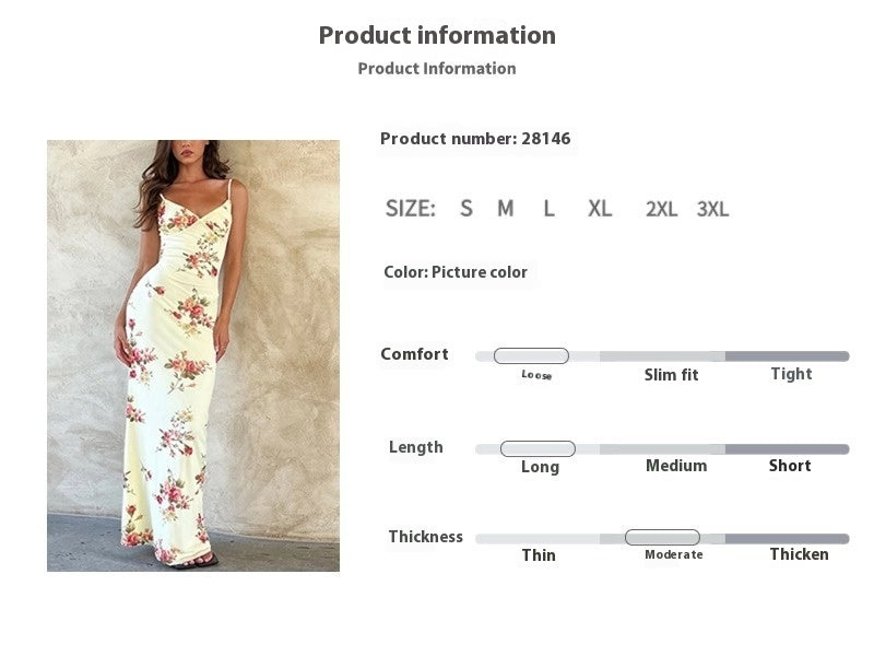 Elegant Floral Maxi Slip Dress - V-Neck Backless Summer Style