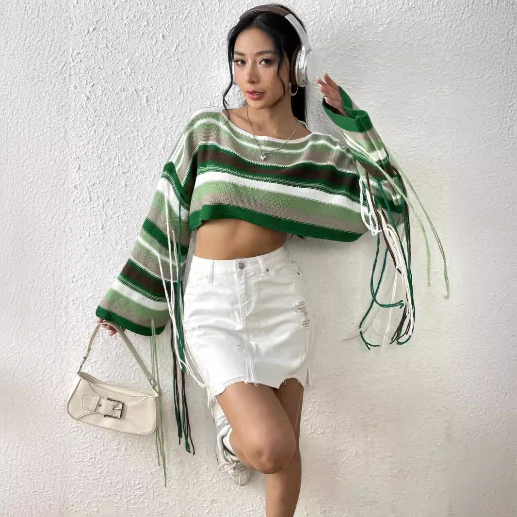 Vibrant Striped Loose Cropped Sweater with Bell Sleeves