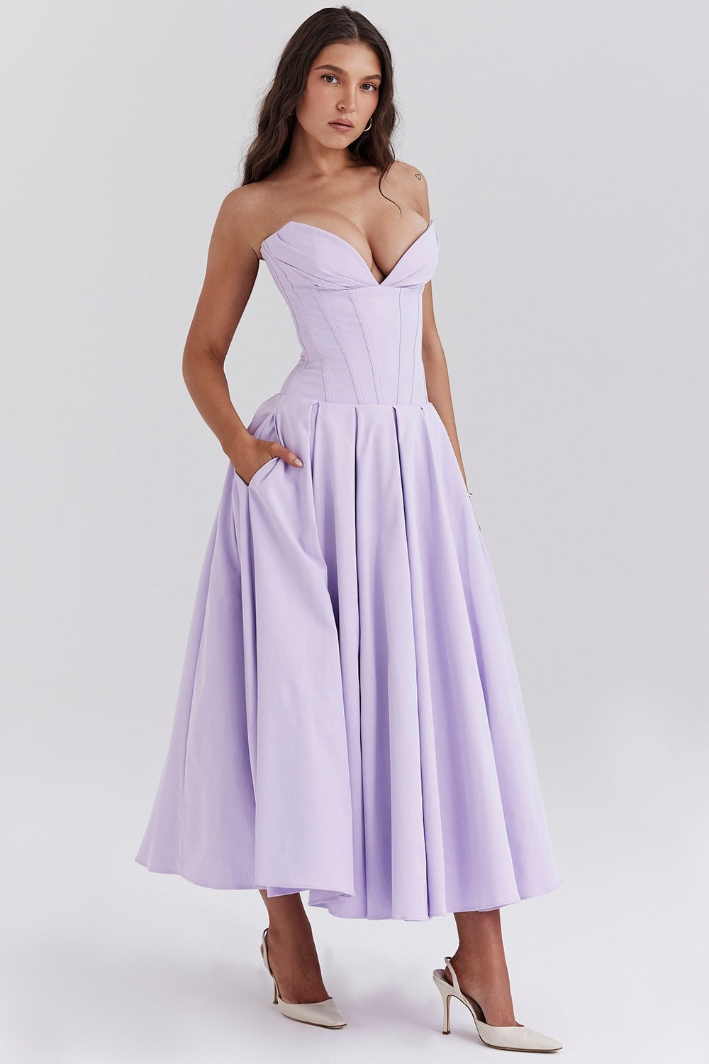 Elegant Strapless Corset Midi Dress - Evening & Party