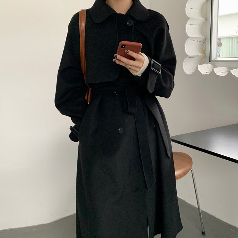 Elegant Double-Breasted Trench Coat - Classic Lapel Longline Outerwear