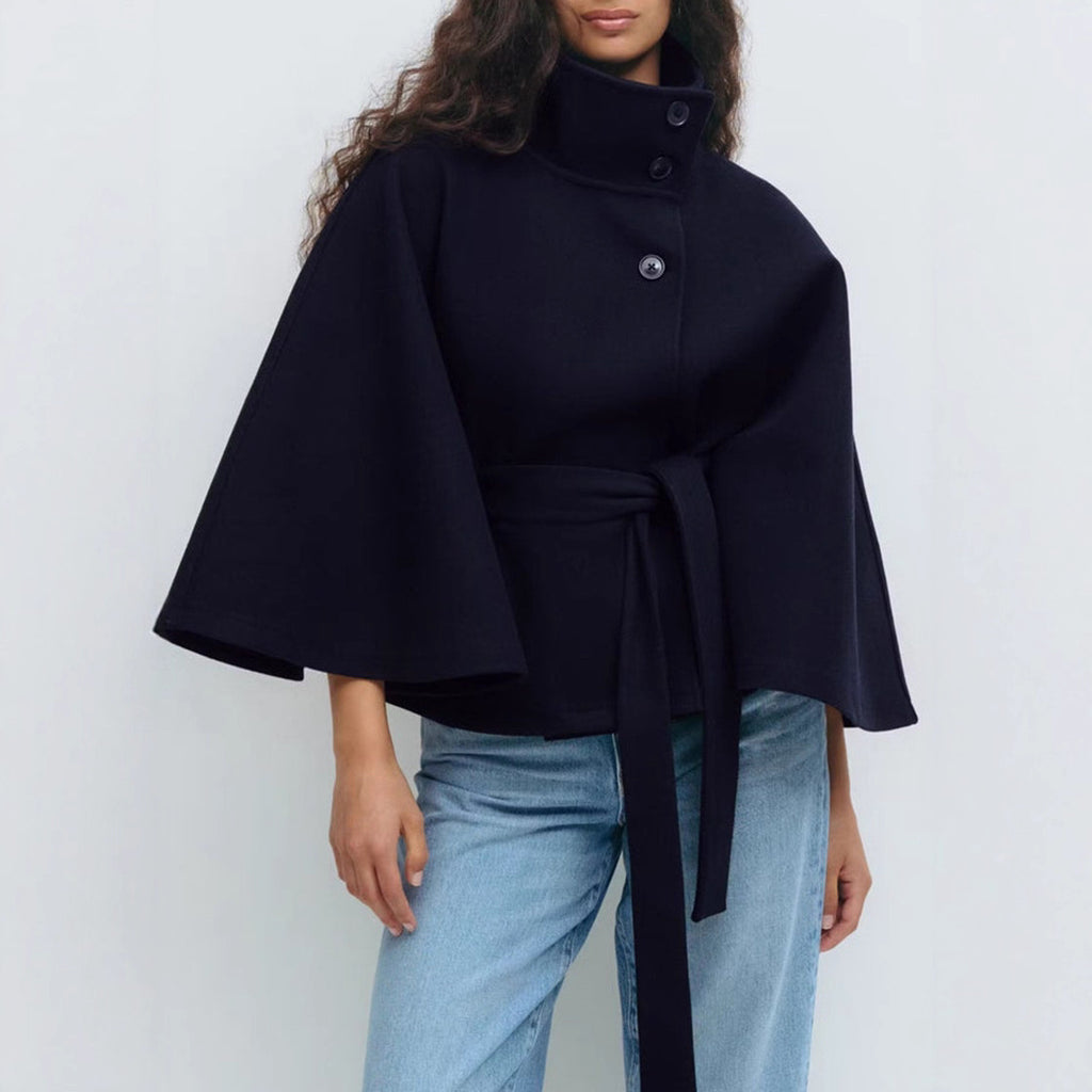 Elegant High Neck Batwing Sleeve Winter Coat with Belt
