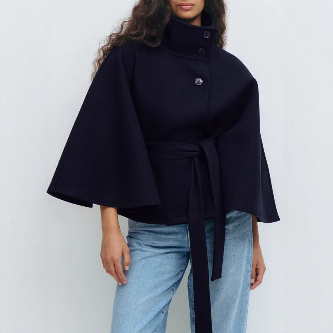 Elegant High Neck Batwing Sleeve Winter Coat with Belt
