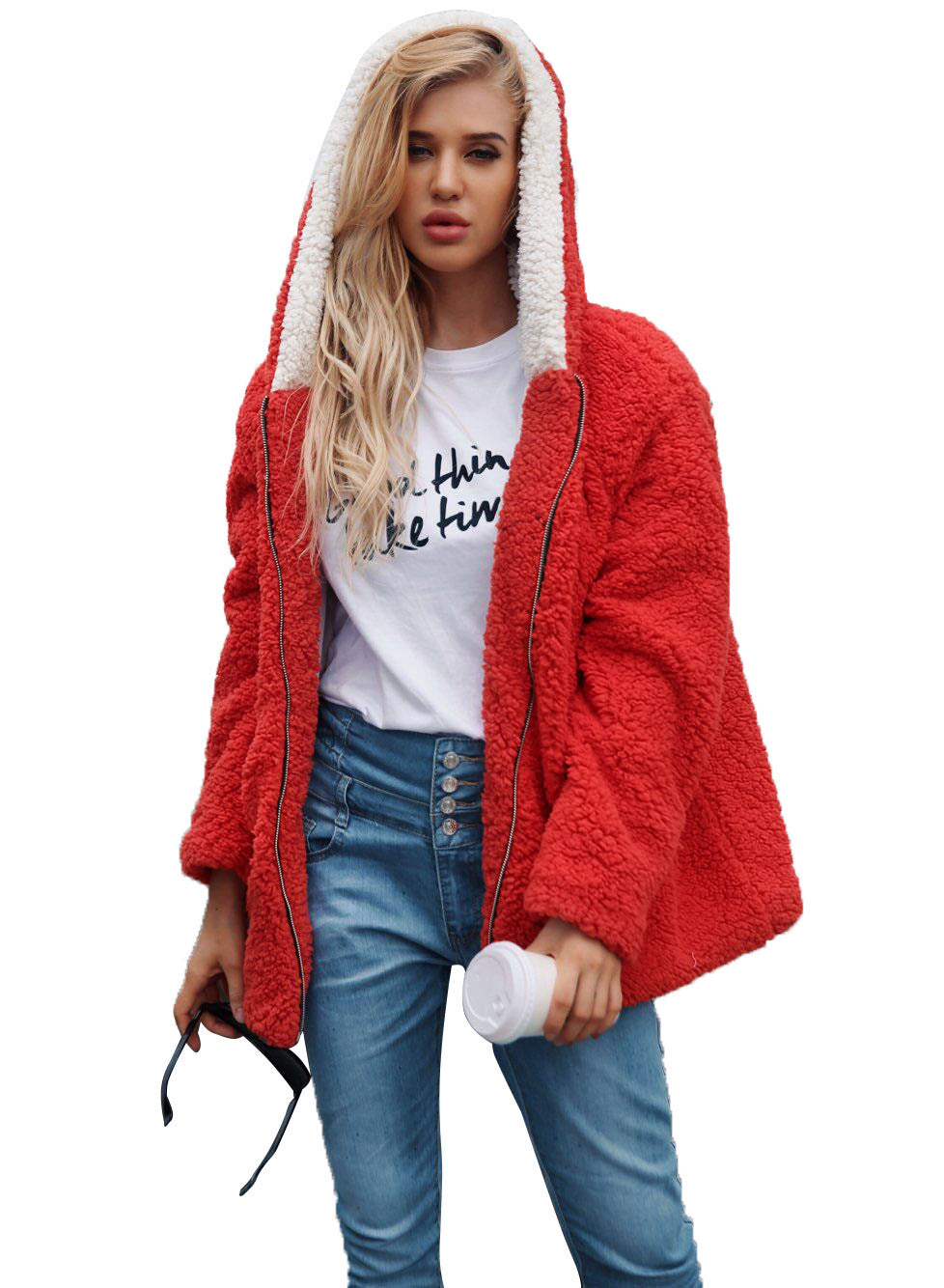 Cozy Faux Fur Zip Up Jacket with Warm Sherpa Lining and Hood