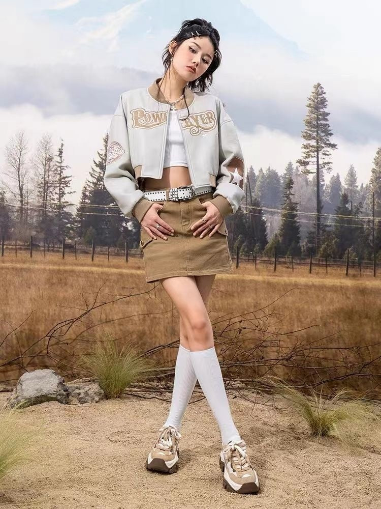 Street Style Cropped Bomber Jacket with Vintage Embroidered Lettering