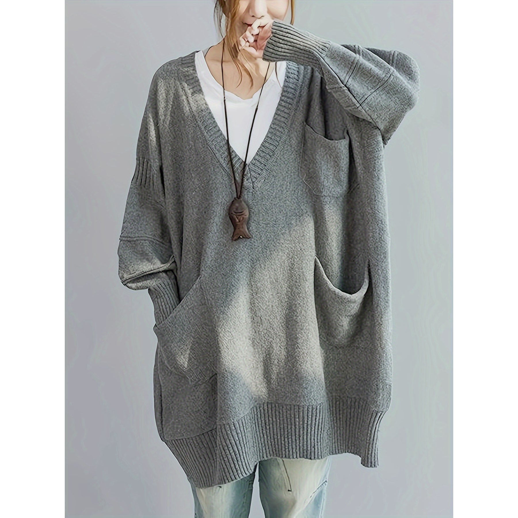Comfortable Loose Fit V Neck Long Sleeve Pullover Sweater with Pockets