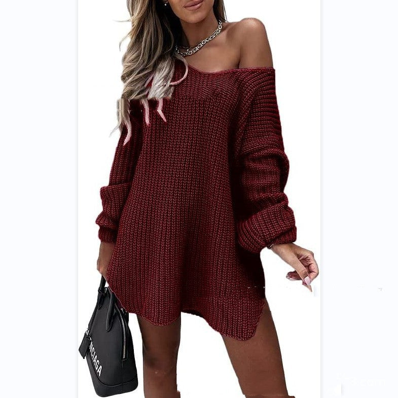Comfortable Off-Shoulder Knitted Sweater Dress with Long Sleeves and V-Neck