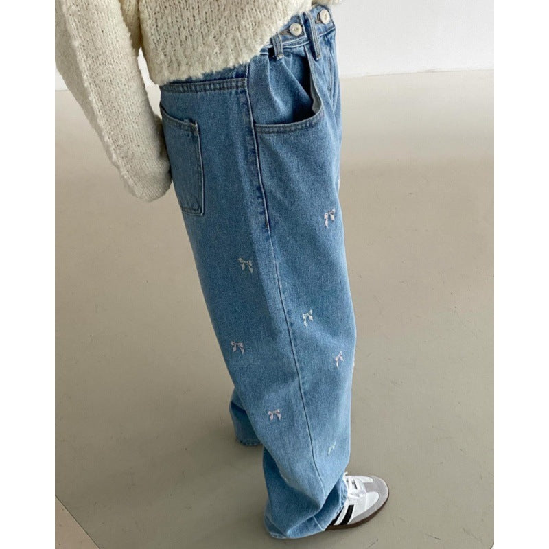 High Waist Bow Embroidered Wide Leg Jeans