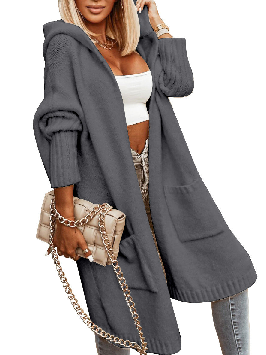 Stylish Women's Hooded Knit Trench Cardigan with Pockets - Casual Mid-Length