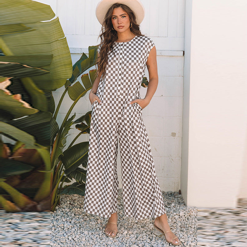 Loose Wide Leg Checkered Jumpsuit - Casual & Trendy