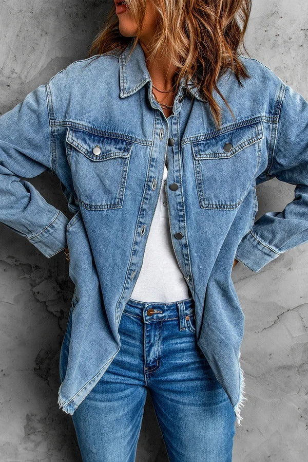 Effortless Everyday Loose Fit Denim Jacket with Raw Hem Detail